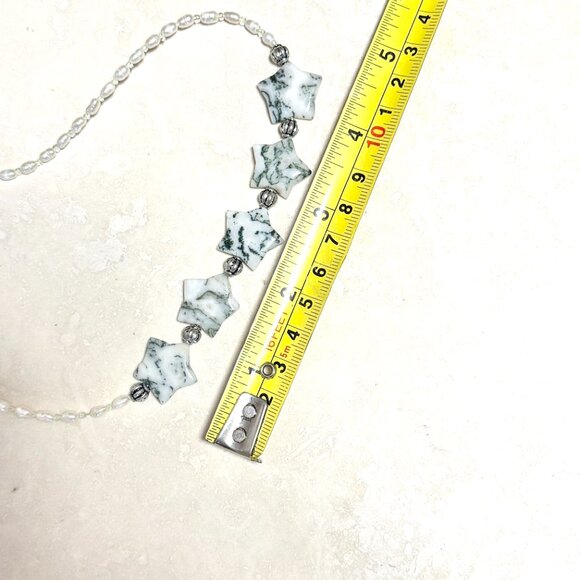 Starry Night Necklace, Genuine White Green Tree Agate Stars & Freshwater Pearls - Picture 9 of 12